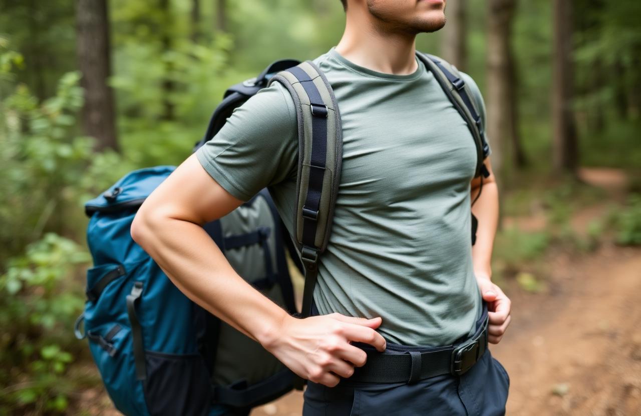 Hiker adjusting a backpack at a trailhead