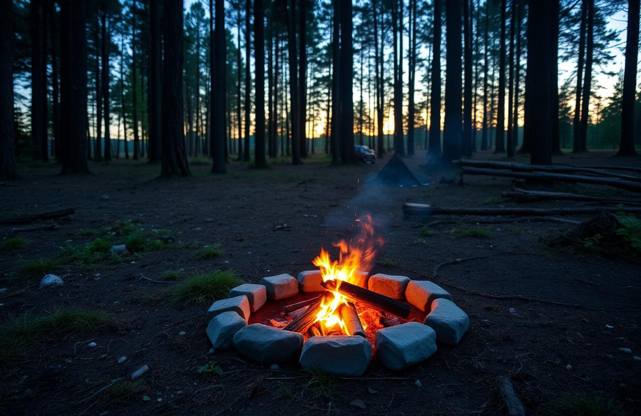 Small contained campfire ring at dusk in a forest clearing