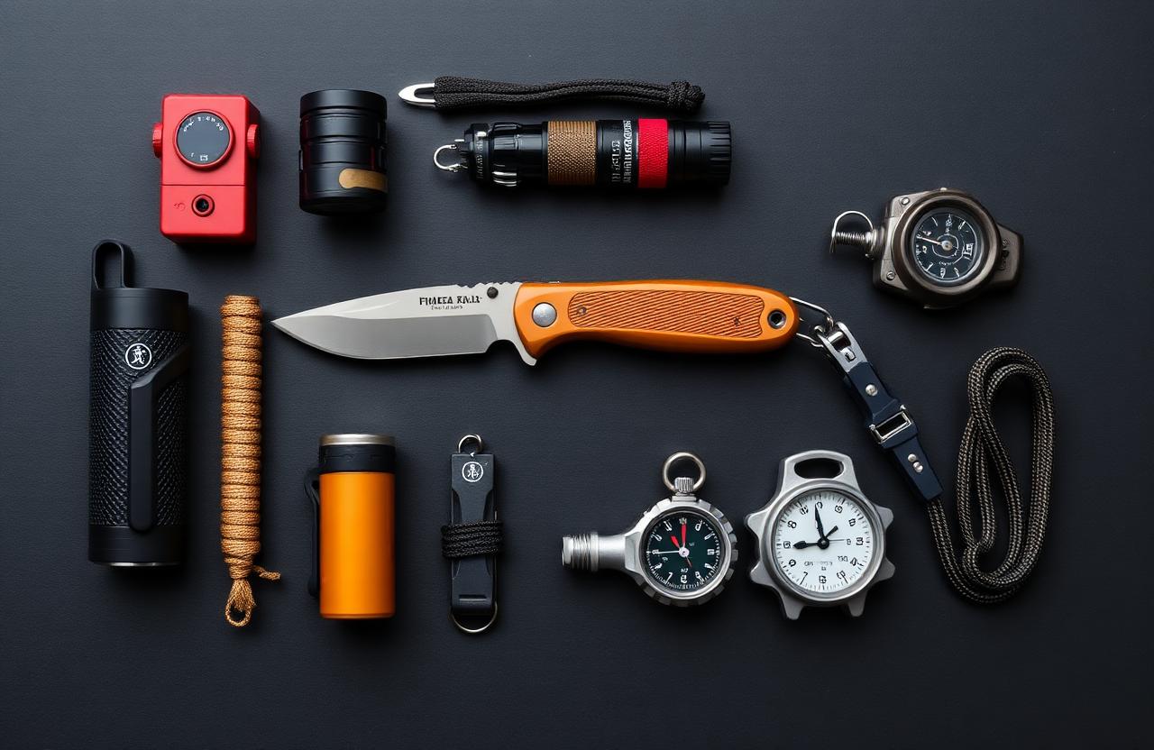 Flat lay of EDC survival gear including knife, headlamp, and firestarter