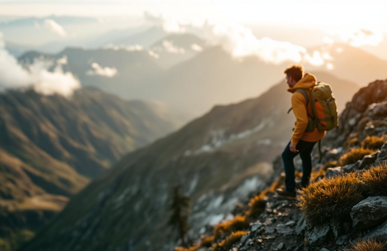 Hiker in a hardshell jacket on a windy ridge