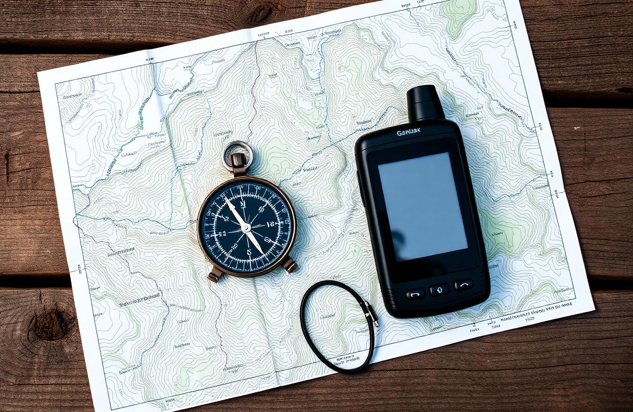 Topographic map, compass and GPS on a wooden table