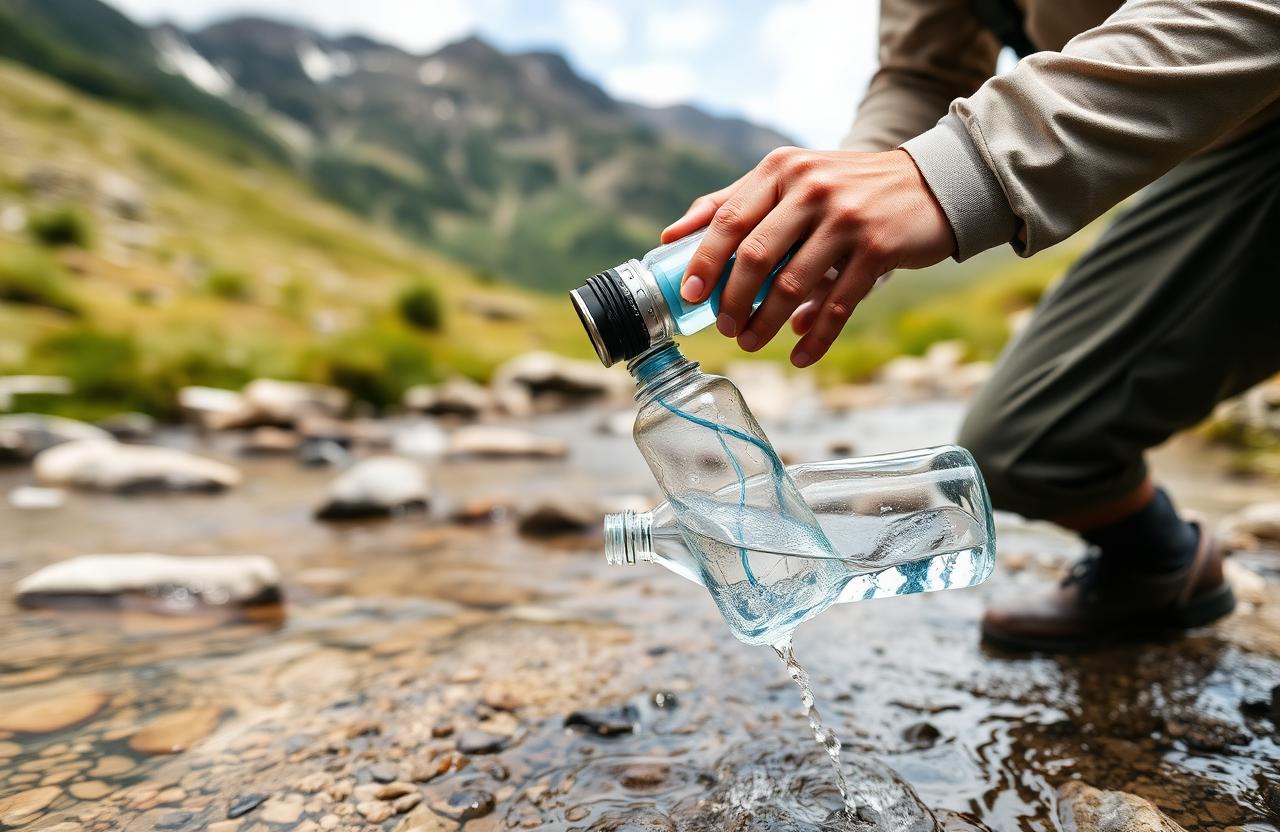 Hiker filling a water bottle at a clear mountain stream