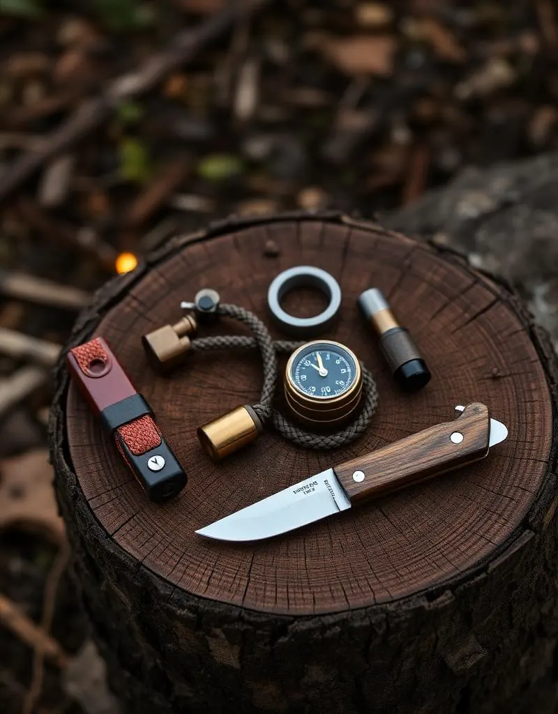 Bushcraft fire and gear laid out at dusk